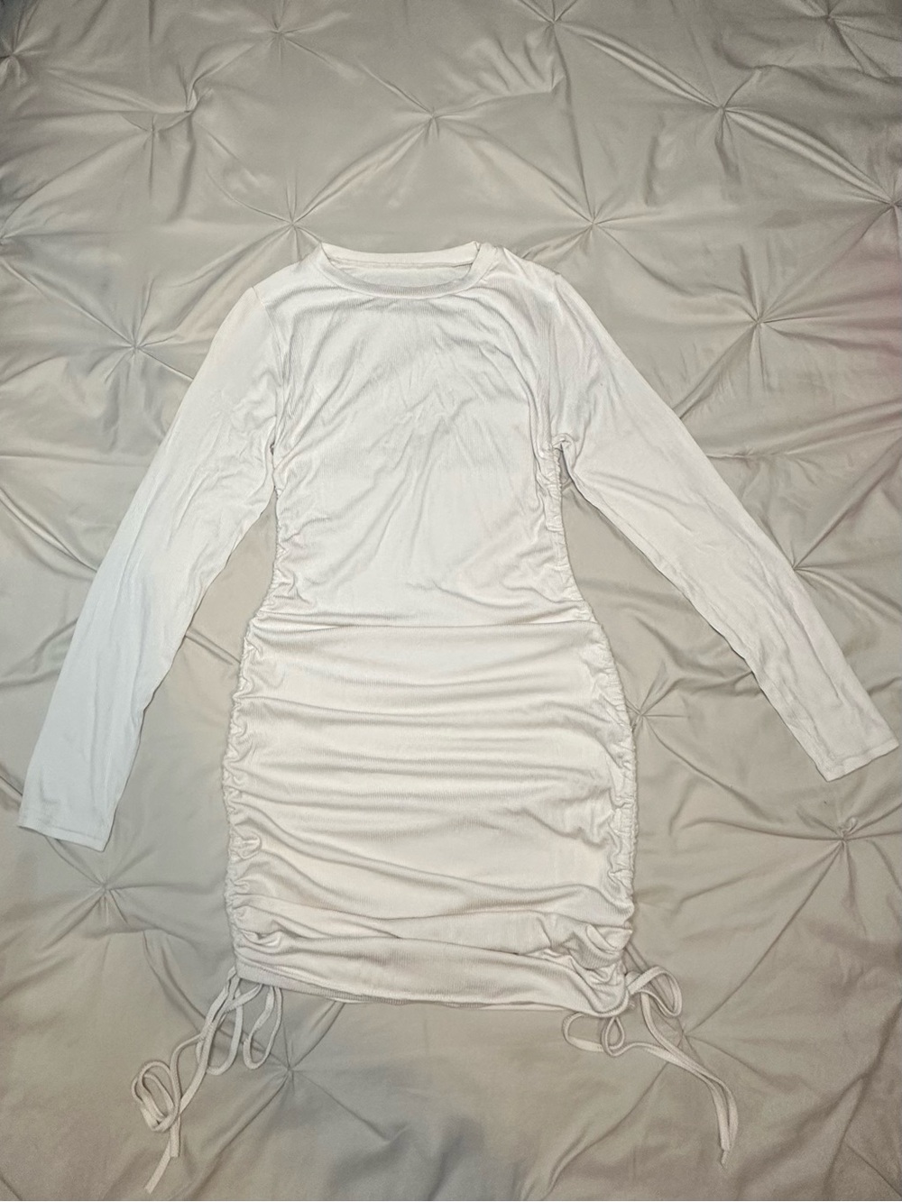 Cream Long-Sleeve Ruched Bodycon Dress